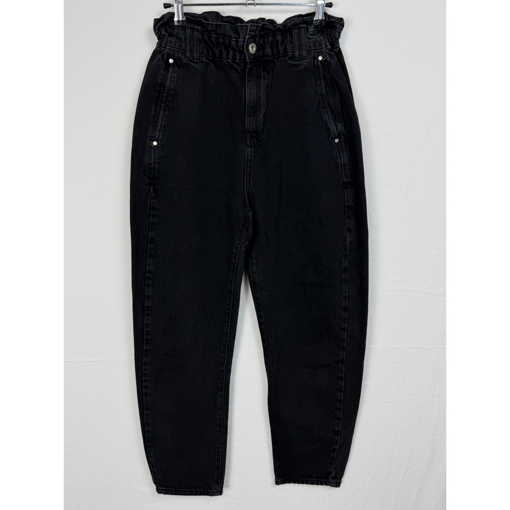 Zara Paperbag Waist Jeans Womens Size 2 Black High Rise Tapered Leg Cotton Denim
